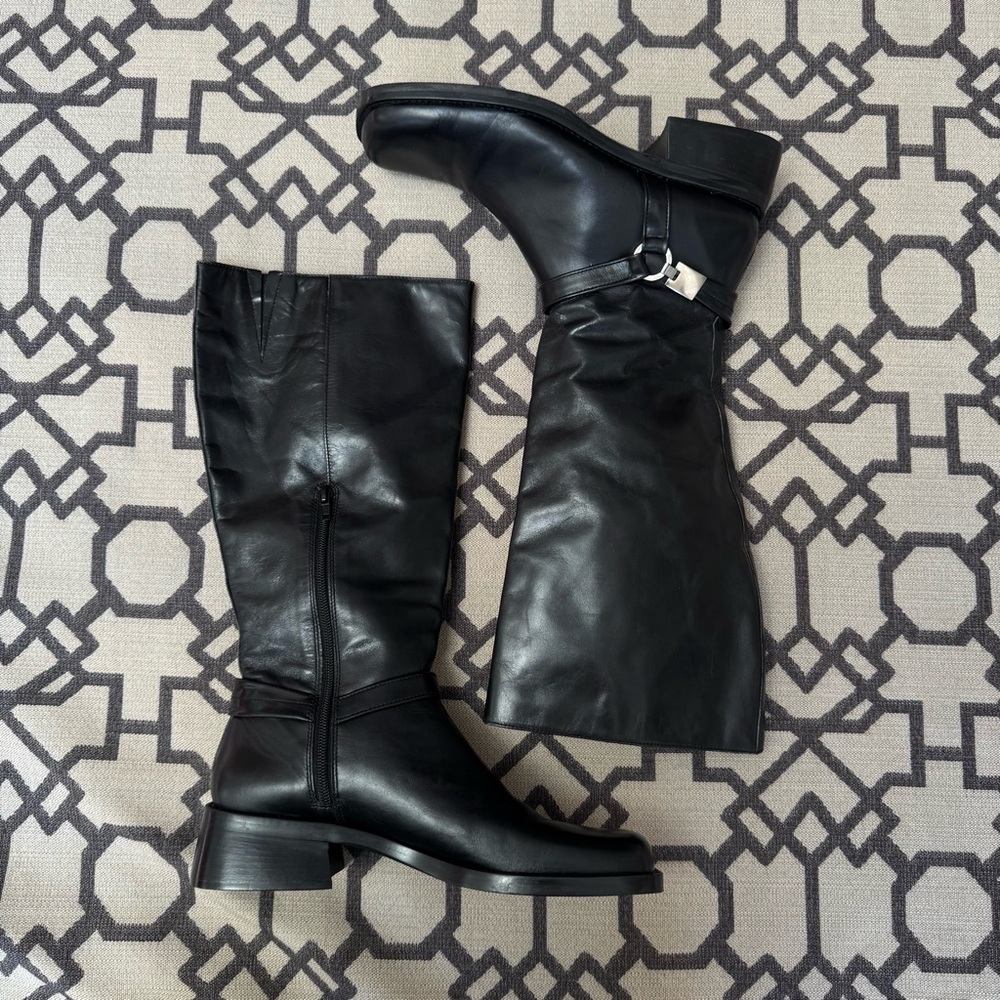 Nine West Genuine Leather Knee High Square Toe Chunky Tall Boots Black Y2K 10M - Picture 9 of 17